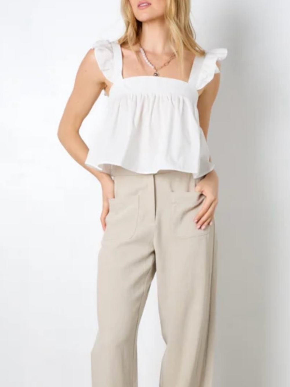NWT Vestique Boutique White Ruffle Babydoll Top Cropped Size Small